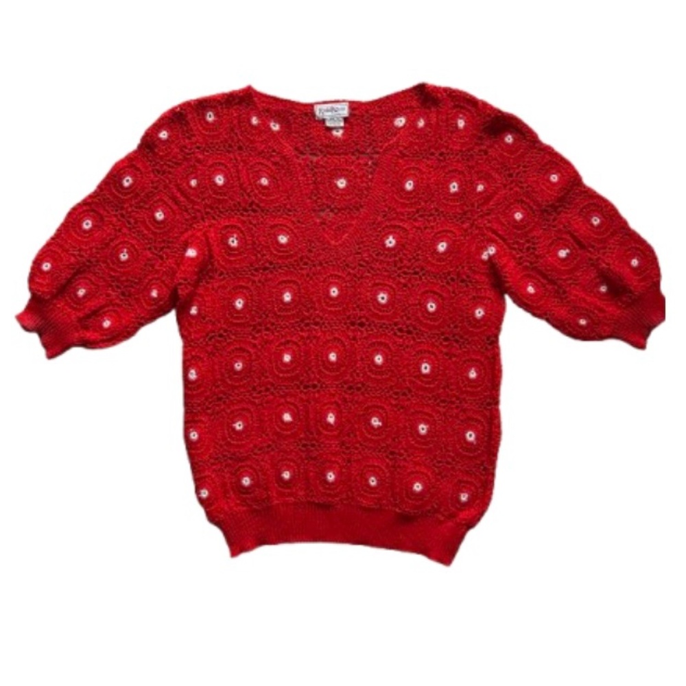 Vintage Kyouko Red Crochet Popover Short-Sleeved Sweater